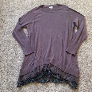 LOGO by Lori Goldstein light plum color tunic sweater with lace hem. Size XL QVC